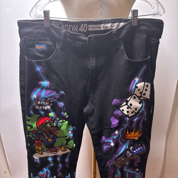 Reason NY Black Graphic Jeans Size 40 - Picture 2 of 7